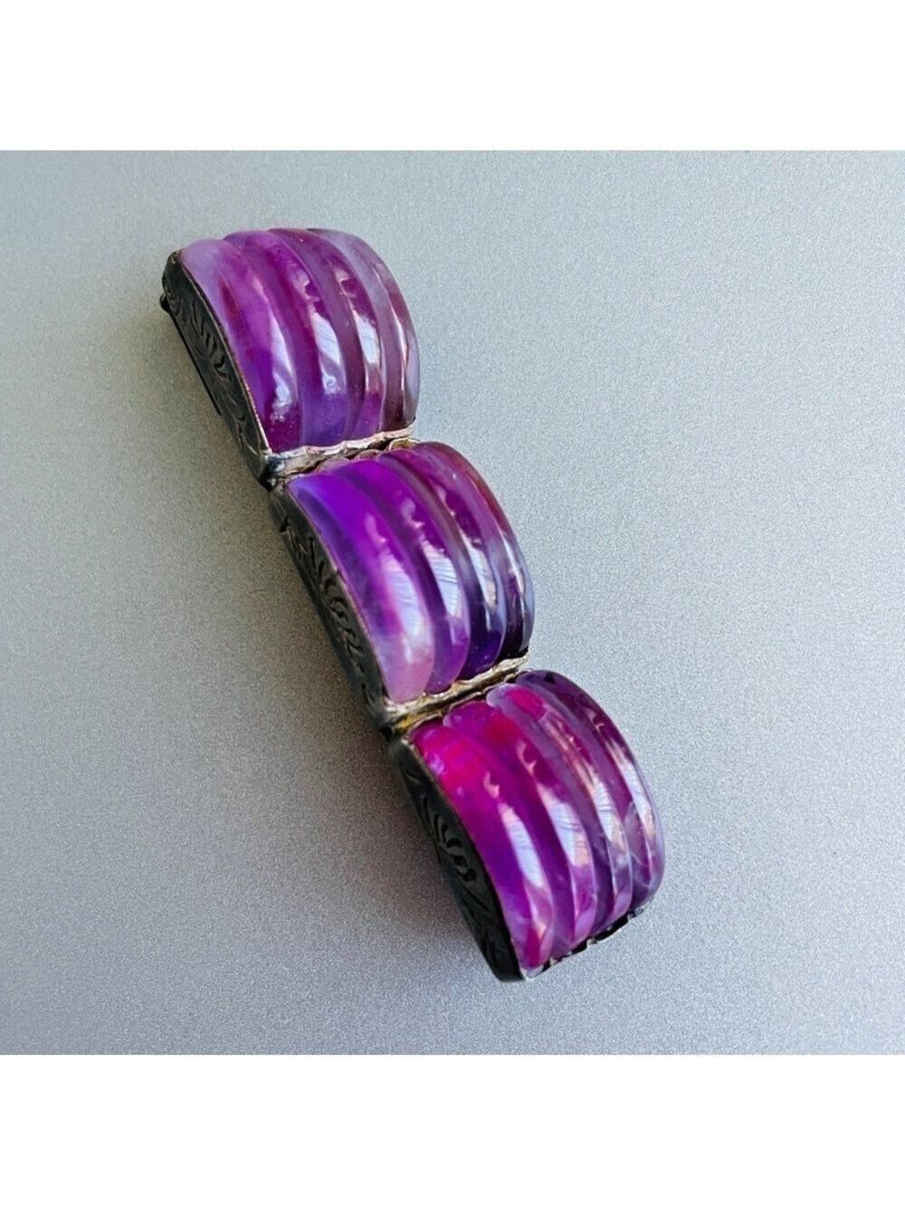 🎉Sold🎉 Antique Chinese Carved Amethyst Sterling Ribbed Rectangle Pin Brooch - Picture 9 of 13